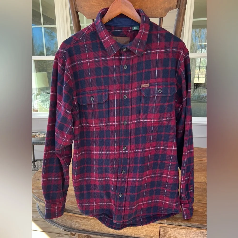 Orvis Big Bear Heavyweight Flannel Plaid Shirt Red Blue Sangria Cotton Men's M